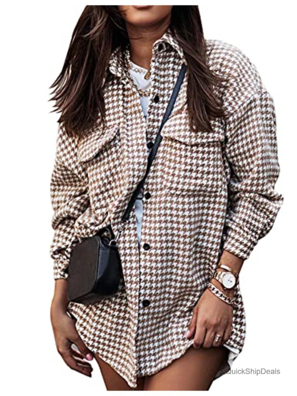 Womens Plaid Shacket Houndstooth Flannel Button Down Long Sleeve Coat